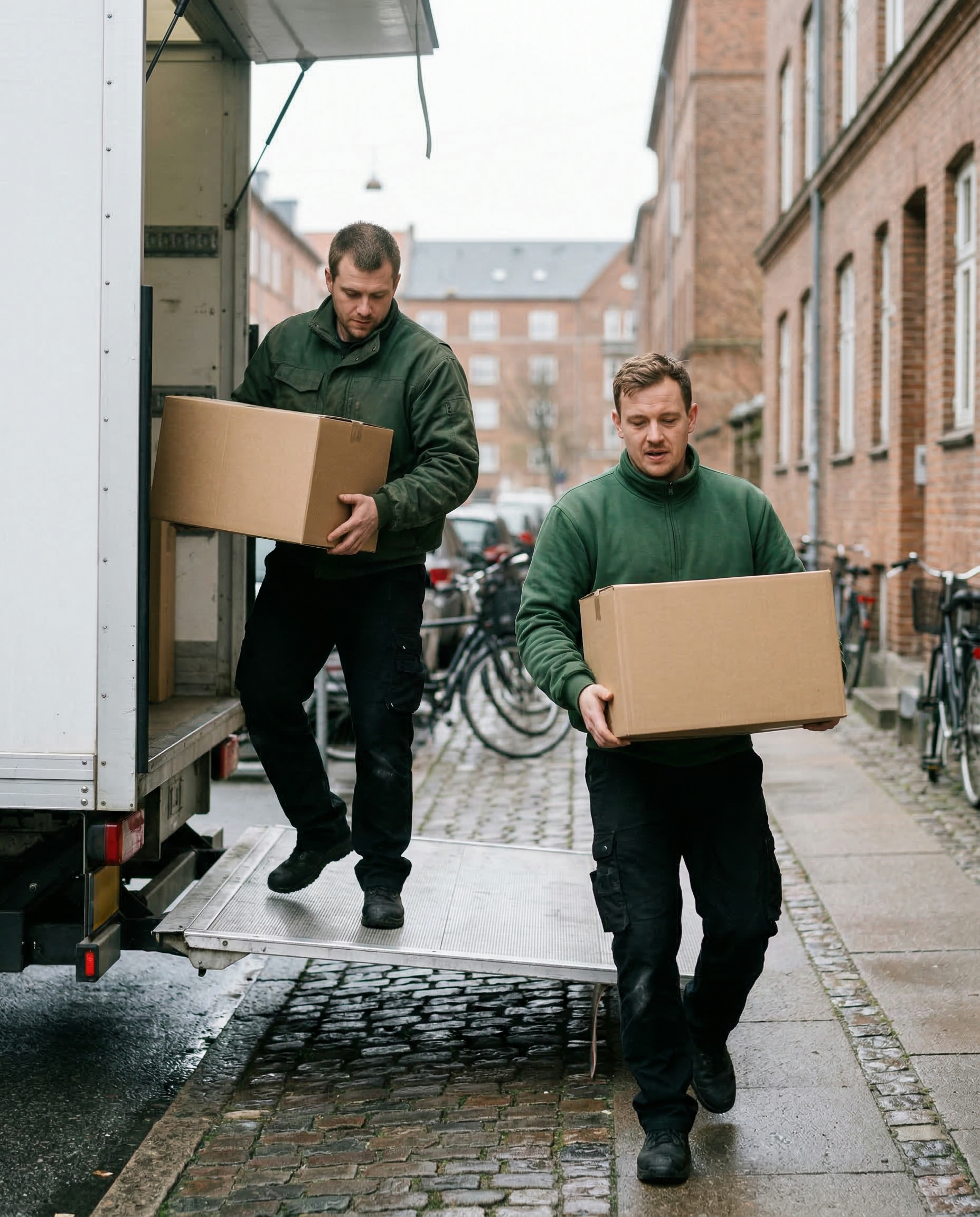 Professionelle flyttemænd fra ML Flyt bærer kasser i Aarhus